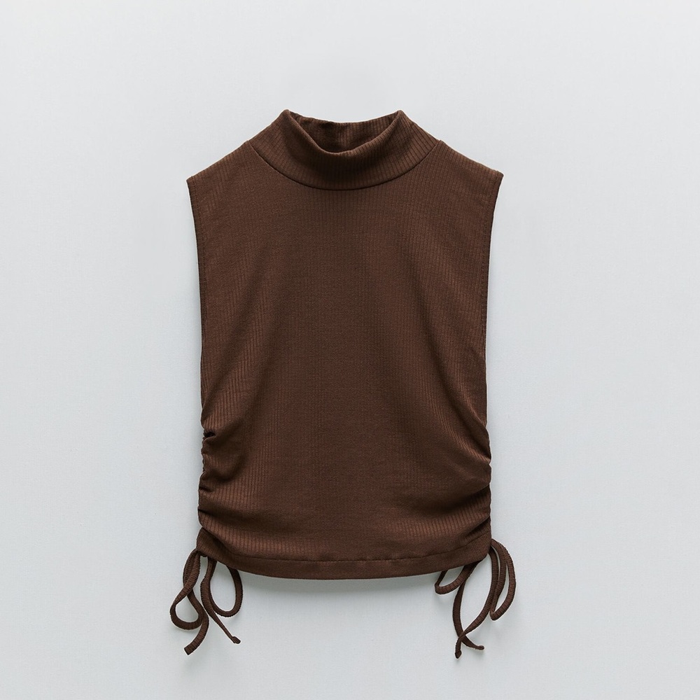 Zara Brown Mock Neck Side Ruched Crop Top